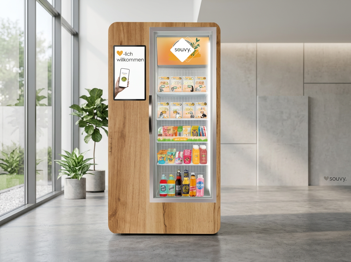 Verkaufsautomat mit individuellem Branding in modernem Bürogebäude